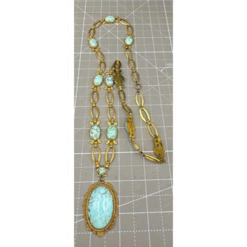 Gold Tone Czech Style Oval Art Glass Pendant Necklace Greek Key Motif